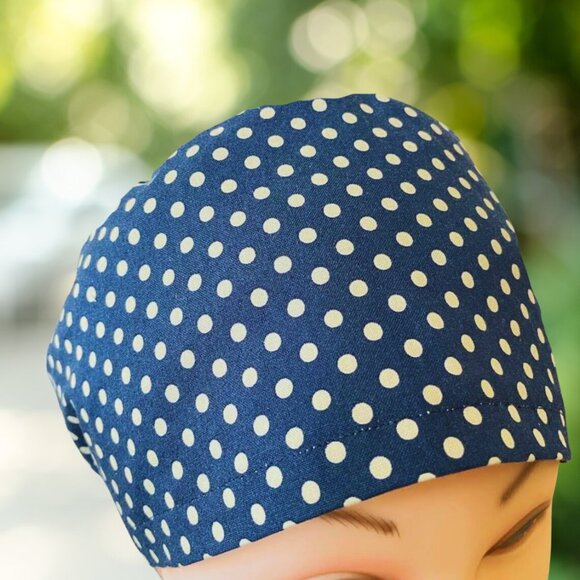 EURO Style Scrub Cap Navy~ Beige Dots~ Unisex Nurse Cap, Scrub Hat, Scrub Cap - Picture 2 of 4